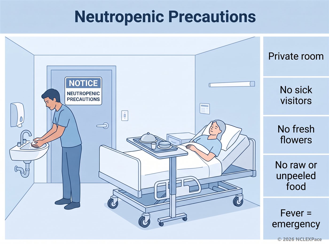 Neutropenic precautions: private room, hand washing, no sick visitors, no fresh flowers, no raw or unpeeled food, and a fever is an emergency