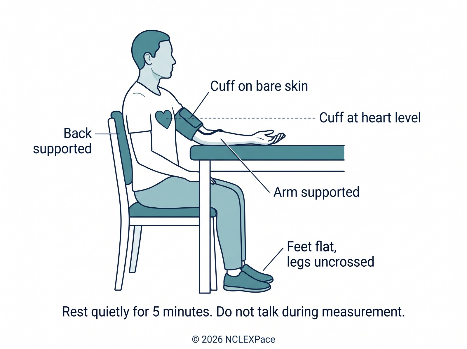 Correct position for blood pressure measurement: seated with the back supported, arm supported with the cuff at heart level on bare skin, feet flat and legs uncrossed