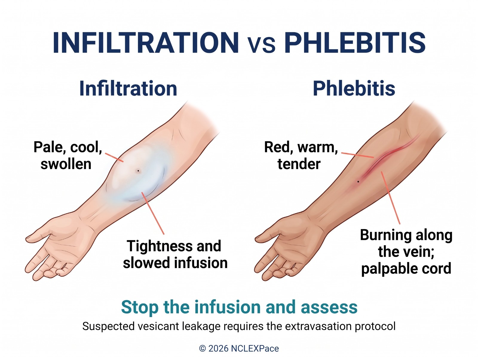 Infiltration (pale, cool, swollen arm with tightness and a slowed infusion) compared with phlebitis (red, warm, tender, burning along the vein with a palpable cord)