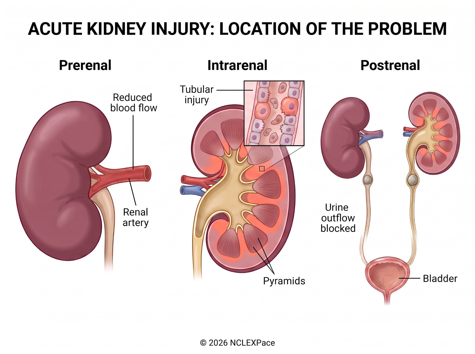 Acute kidney injury by location: prerenal with reduced blood flow to the kidney, intrarenal with tubular injury inside the kidney, postrenal with urine outflow blocked