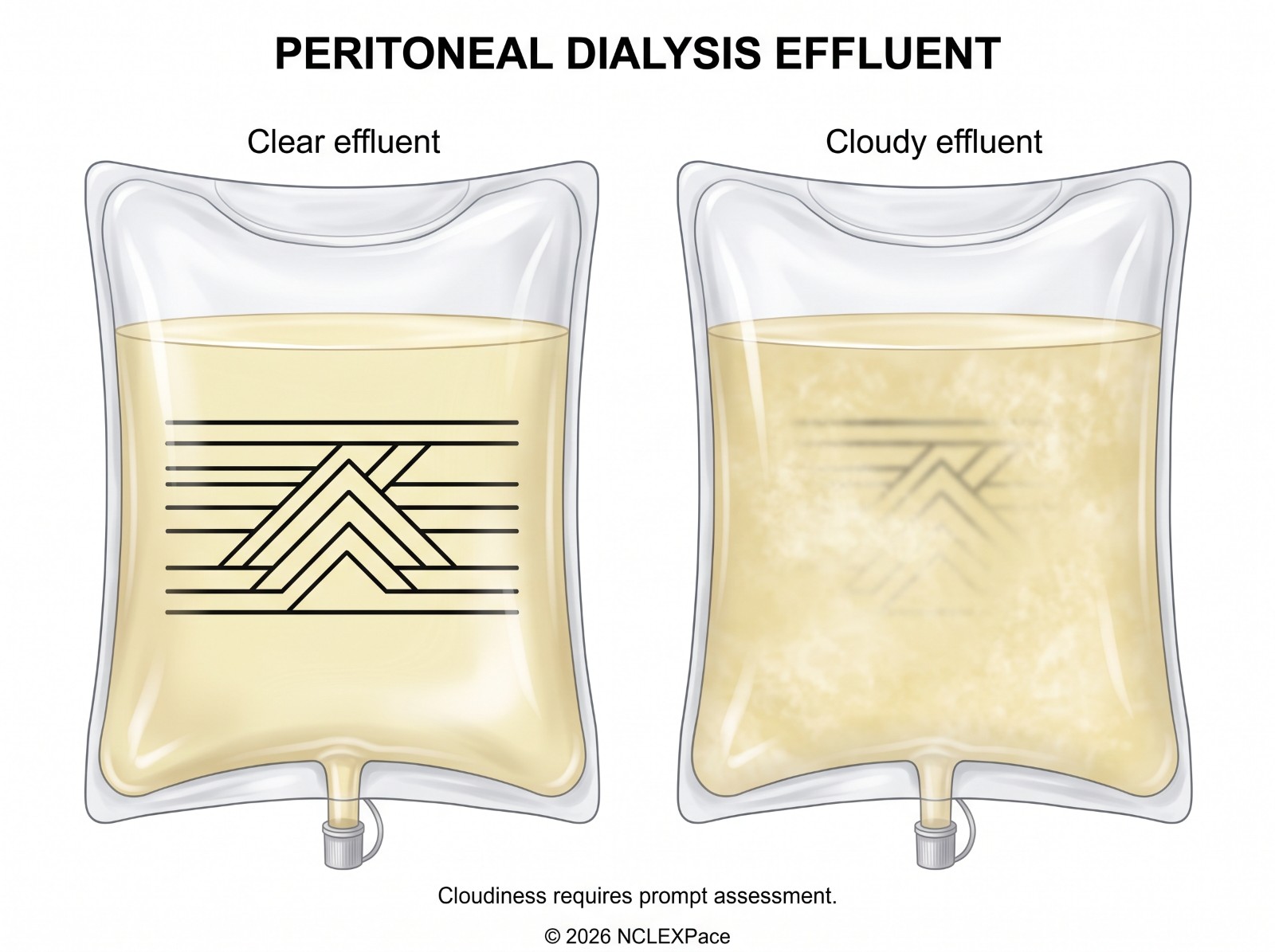 Peritoneal dialysis effluent bags: clear yellow effluent compared with cloudy effluent, which needs prompt assessment