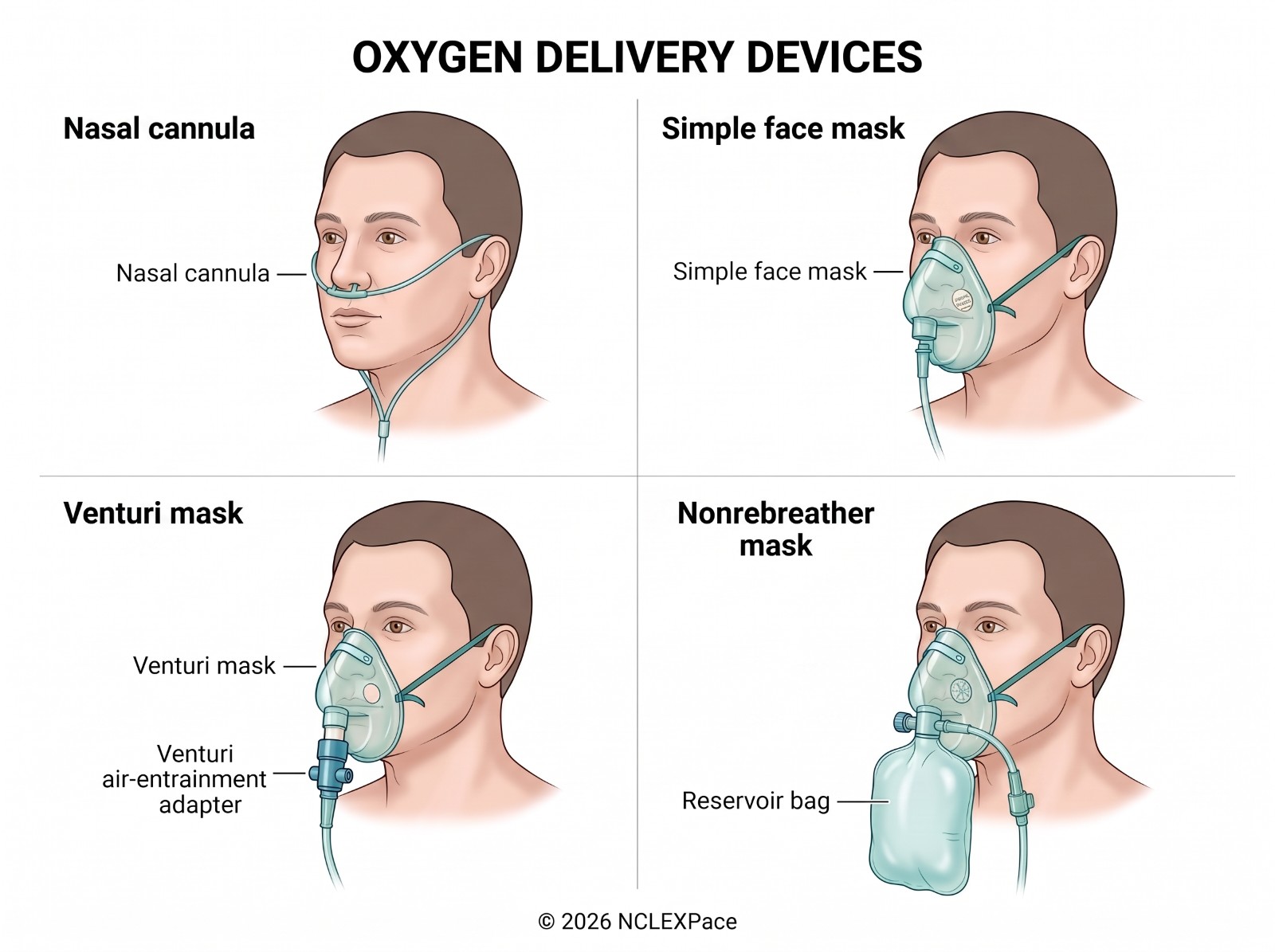 Four oxygen delivery devices: nasal cannula, simple face mask, Venturi mask with air-entrainment adapter, and nonrebreather mask with reservoir bag