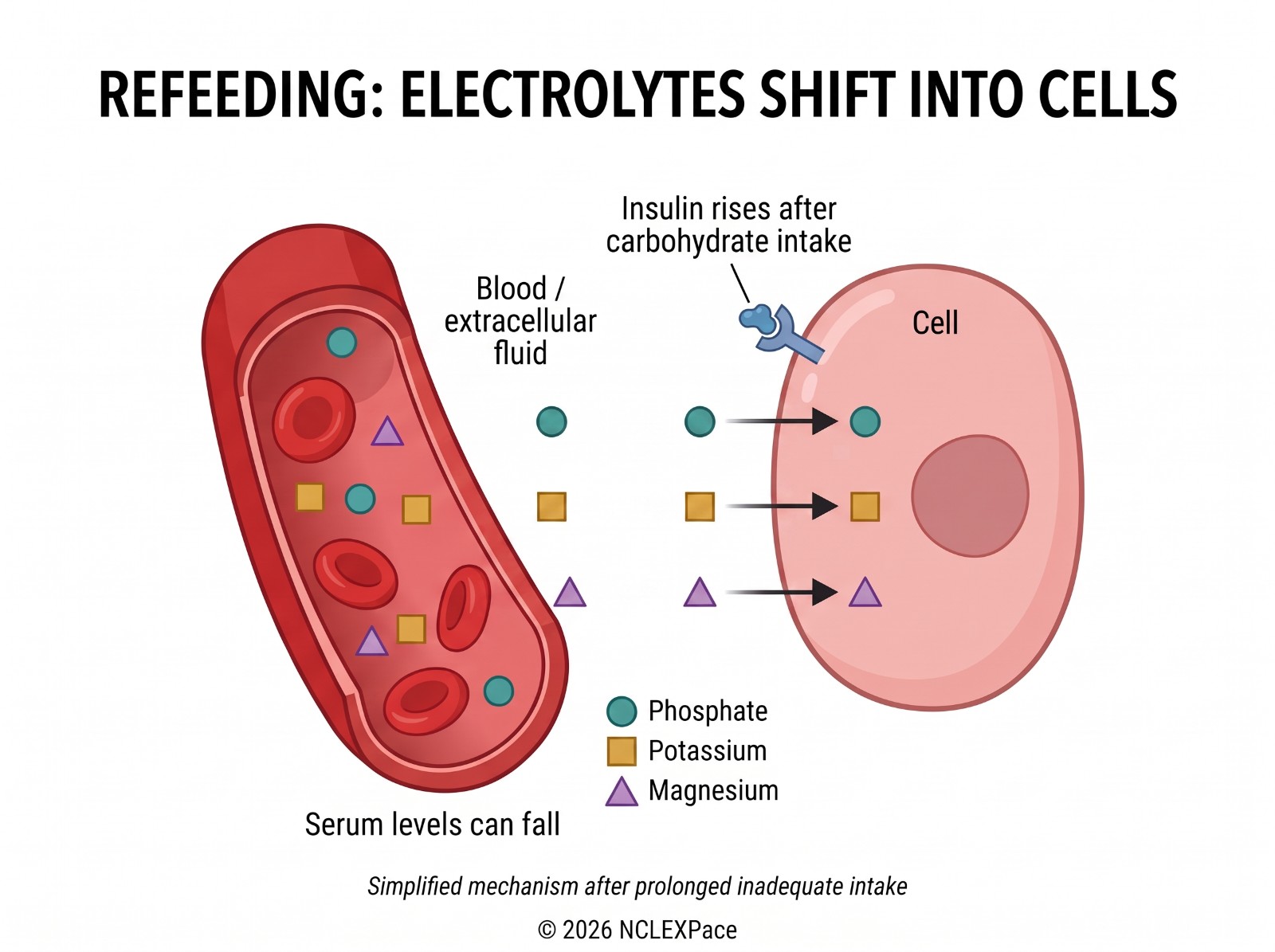 Refeeding syndrome: insulin rises after carbohydrate intake and drives phosphate, potassium and magnesium into cells, so serum levels fall