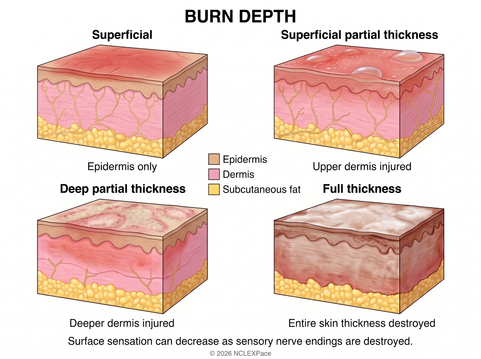Burn depth: superficial (epidermis only), superficial partial thickness (upper dermis), deep partial thickness (deeper dermis) and full thickness (entire skin destroyed)