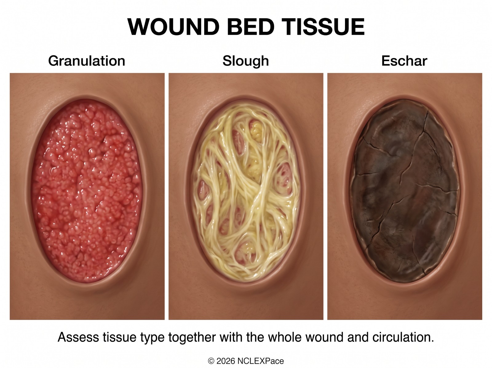 Wound bed tissue types: red granulation tissue, yellow stringy slough and black eschar