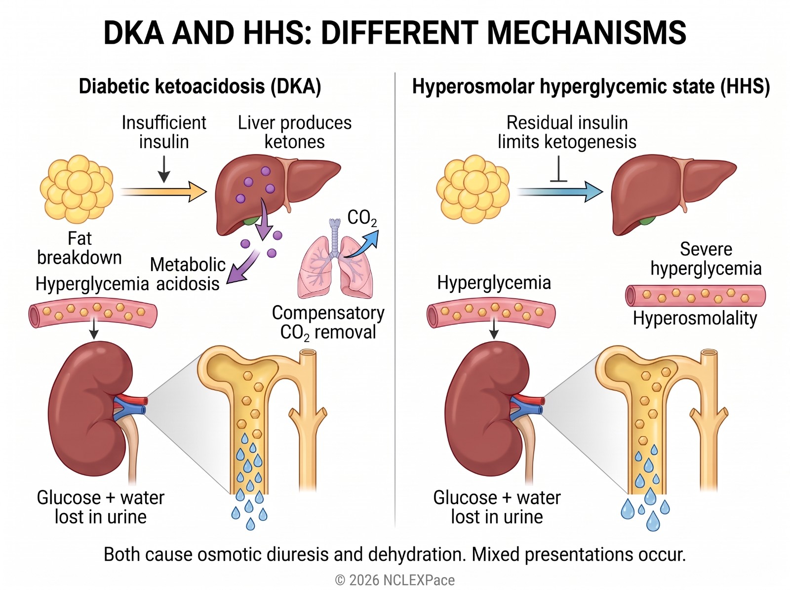 DKA and HHS side by side: in DKA insufficient insulin causes fat breakdown, ketones and acidosis; in HHS residual insulin limits ketones but hyperglycemia and hyperosmolality are severe; both cause osmotic diuresis