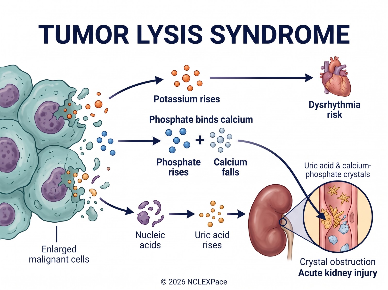 Tumor lysis syndrome: dying malignant cells release potassium, phosphate and nucleic acids; phosphate binds calcium, uric acid rises and crystals obstruct the kidney